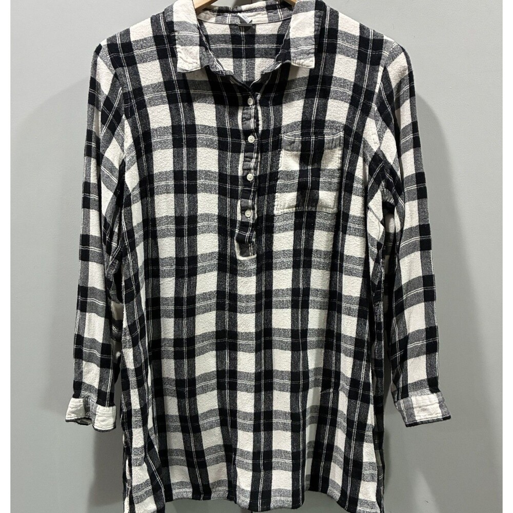 Old Navy XXL Tunic Top Buffalo Plaid Check Black White Long Sleeve Popover Cozy